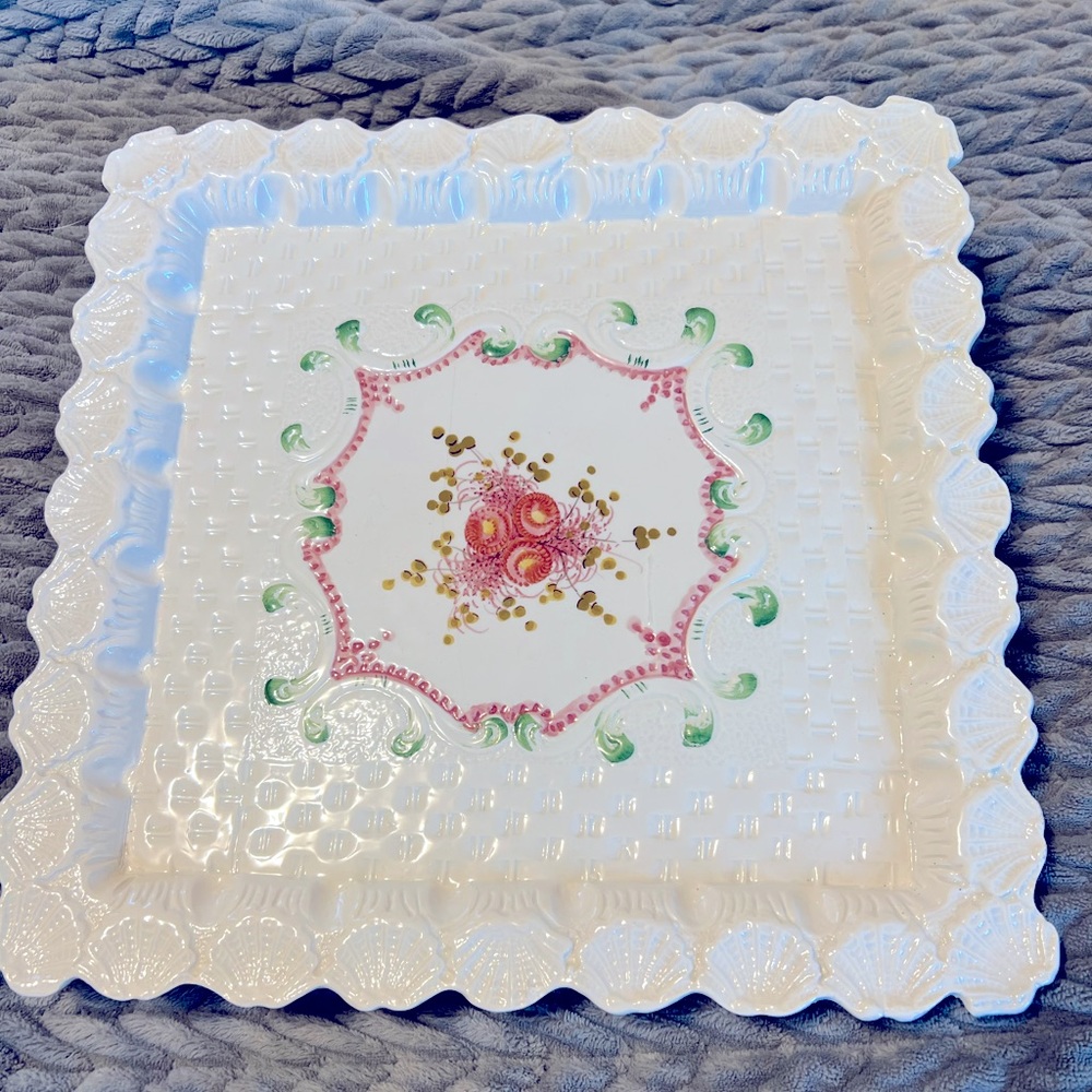 Square Pedestal Cake Pastry Stand Plate Seashell Edge Italy 12”x12”x4”